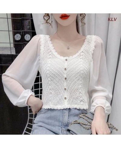 Women Chiffon Puff Long Sleeve Crop Cardigan Round Neck Button Crochet Blouse 6XDA $24.88 - Women Tops