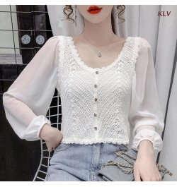 Women Chiffon Puff Long Sleeve Crop Cardigan Round Neck Button Crochet Blouse 6XDA $24.88 - Women Tops