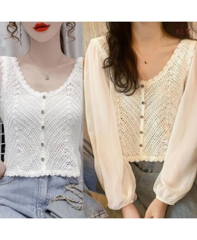 Women Chiffon Puff Long Sleeve Crop Cardigan Round Neck Button Crochet Blouse 6XDA $24.88 - Women Tops