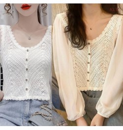 Women Chiffon Puff Long Sleeve Crop Cardigan Round Neck Button Crochet Blouse 6XDA $24.88 - Women Tops