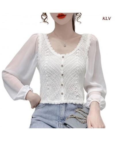 Women Chiffon Puff Long Sleeve Crop Cardigan Round Neck Button Crochet Blouse 6XDA $24.88 - Women Tops