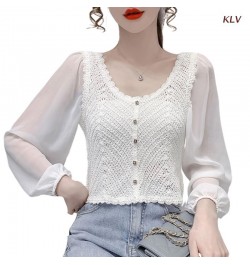 Women Chiffon Puff Long Sleeve Crop Cardigan Round Neck Button Crochet Blouse 6XDA $24.88 - Women Tops