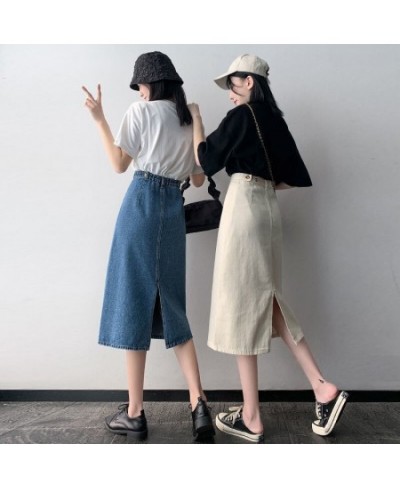 Vintage Slit Denim Skirts Women A Line High Waist Solid Midi Skirt Korean Office Lady Casual All Match Straight Skirts New $3...