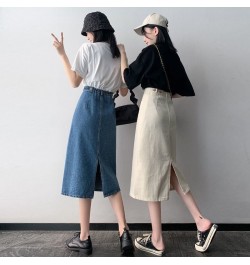 Vintage Slit Denim Skirts Women A Line High Waist Solid Midi Skirt Korean Office Lady Casual All Match Straight Skirts New $3...