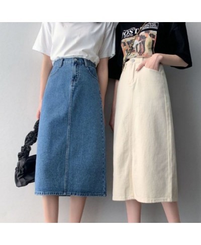 Vintage Slit Denim Skirts Women A Line High Waist Solid Midi Skirt Korean Office Lady Casual All Match Straight Skirts New $3...