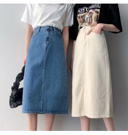 Vintage Slit Denim Skirts Women A Line High Waist Solid Midi Skirt Korean Office Lady Casual All Match Straight Skirts New $3...