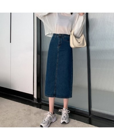 Vintage Slit Denim Skirts Women A Line High Waist Solid Midi Skirt Korean Office Lady Casual All Match Straight Skirts New $3...