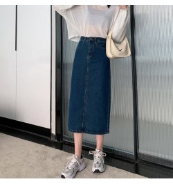 Vintage Slit Denim Skirts Women A Line High Waist Solid Midi Skirt Korean Office Lady Casual All Match Straight Skirts New $3...