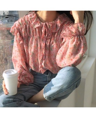 2023 Autumn Long Sleeve Women Tops Blouse Printed Wild Chiffon Blouse Vintage Ruffled Pink Shirts Women Korean Clothes 10336 ...