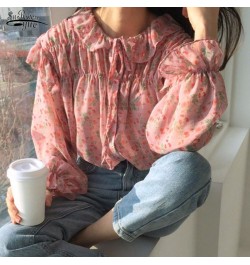 2023 Autumn Long Sleeve Women Tops Blouse Printed Wild Chiffon Blouse Vintage Ruffled Pink Shirts Women Korean Clothes 10336 ...