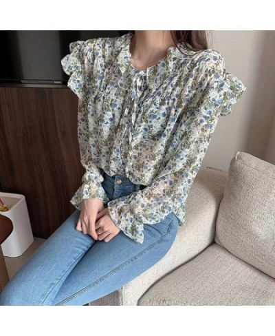 2023 Autumn Long Sleeve Women Tops Blouse Printed Wild Chiffon Blouse Vintage Ruffled Pink Shirts Women Korean Clothes 10336 ...