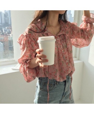 2023 Autumn Long Sleeve Women Tops Blouse Printed Wild Chiffon Blouse Vintage Ruffled Pink Shirts Women Korean Clothes 10336 ...