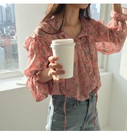 2023 Autumn Long Sleeve Women Tops Blouse Printed Wild Chiffon Blouse Vintage Ruffled Pink Shirts Women Korean Clothes 10336 ...