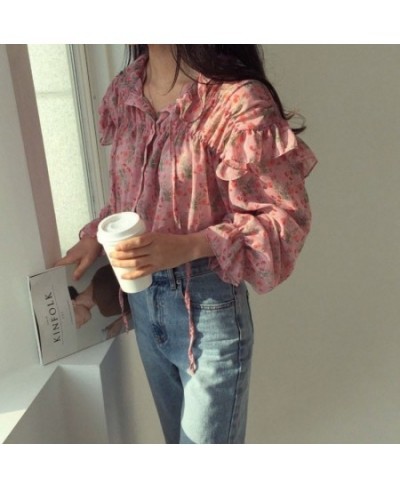 2023 Autumn Long Sleeve Women Tops Blouse Printed Wild Chiffon Blouse Vintage Ruffled Pink Shirts Women Korean Clothes 10336 ...