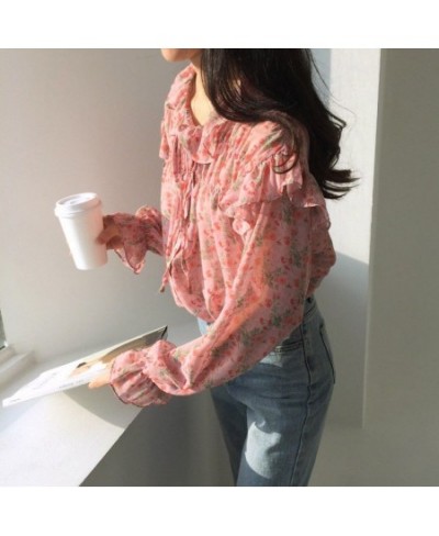 2023 Autumn Long Sleeve Women Tops Blouse Printed Wild Chiffon Blouse Vintage Ruffled Pink Shirts Women Korean Clothes 10336 ...