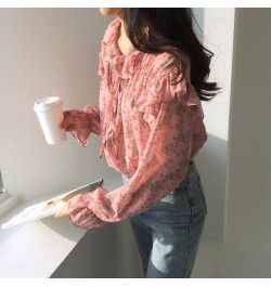 2023 Autumn Long Sleeve Women Tops Blouse Printed Wild Chiffon Blouse Vintage Ruffled Pink Shirts Women Korean Clothes 10336 ...