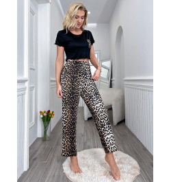 Women's Pajama Sets Short Sleeves Crop Tops&Long Leopard Pants 2 Pieces Sleepwear Round Neck Tee With Pocket Nightwear Suit $...