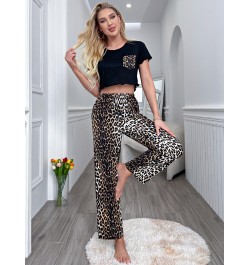 Women's Pajama Sets Short Sleeves Crop Tops&Long Leopard Pants 2 Pieces Sleepwear Round Neck Tee With Pocket Nightwear Suit $...