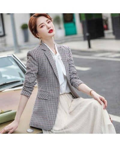Fashion Woman Slim Apricot Blue Plaid Blazer Female Autumn Winter Outwear Casual Single Button Jackets Coat $68.04 - Suits & ...
