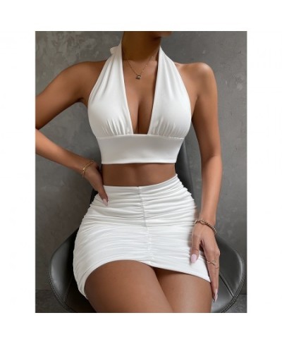 Ruched White Backless Christmas Dress Two Piece Set Club Outfit Women Halter Crop Top Mini Skirt Sexy Summer Dresses $27.65 -...