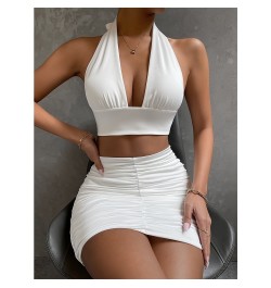 Ruched White Backless Christmas Dress Two Piece Set Club Outfit Women Halter Crop Top Mini Skirt Sexy Summer Dresses $27.65 -...