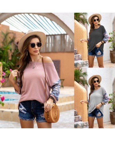 2023 European and American Women's Autumn and Spring Waffle Color Matching Tops Camouflage Stitching Loose T-shirt Pctchwork ...