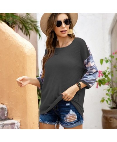 2023 European and American Women's Autumn and Spring Waffle Color Matching Tops Camouflage Stitching Loose T-shirt Pctchwork ...