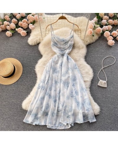 Sweet Floral Halter Blue Dress For Women Summer Fairy Slim Beach Holiday Shirred Open Back Dress $54.10 - Dresses