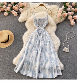 Sweet Floral Halter Blue Dress For Women Summer Fairy Slim Beach Holiday Shirred Open Back Dress $54.10 - Dresses