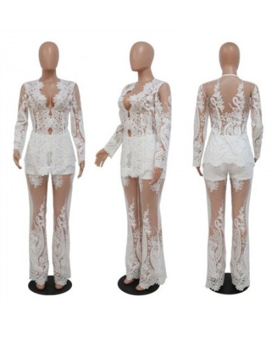 Lace Embroidery Two Piece Set Women Elegant Sexy Long Sleeve Cardigan Jackets See Through Wide Leg Pants Designer Party Suits...