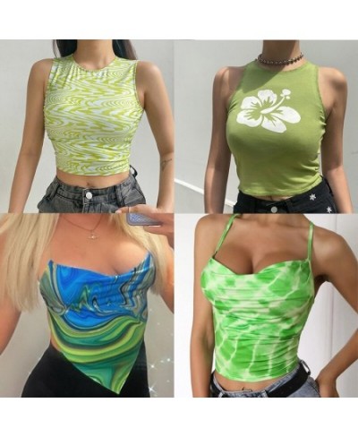 Y2k Sexy Camis Tank Top Green Crop Tops Summer Vintage Harajuku Strappy Aesthetic Fairy Streetwear Sleeveless Bandage Top $18...