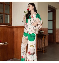 High Quality Women's Pajamas Set Vintage Print Loose Design Nightwear Silk Like Sleepwear Casual Leisure Homewear Femme $55.1...