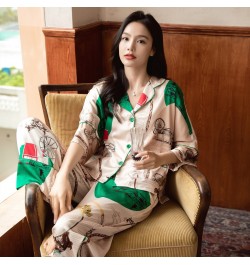 High Quality Women's Pajamas Set Vintage Print Loose Design Nightwear Silk Like Sleepwear Casual Leisure Homewear Femme $55.1...