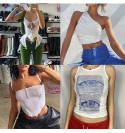 Y2k Sexy Camis Tank Top Green Crop Tops Summer Vintage Harajuku Strappy Aesthetic Fairy Streetwear Sleeveless Bandage Top $18...