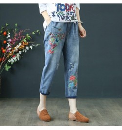 Women Jeans Summer Fashion Vintage Flower Embroidery Hole Elastic Waist Calf-length Denim Pants Jeans mujer $55.61 - Jeans