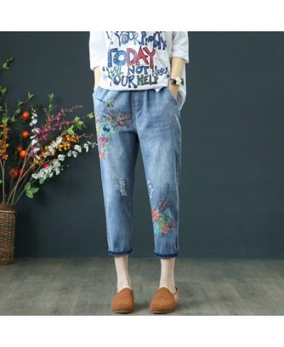 Women Jeans Summer Fashion Vintage Flower Embroidery Hole Elastic Waist Calf-length Denim Pants Jeans mujer $55.61 - Jeans