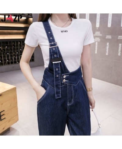 New Hong Kong Style Denim Overalls Summer Dress Women's One-shoulder Jumpsuit Small Loose Nine-point Straight-leg Pants $55.7...