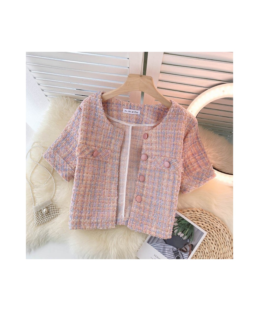 Chaqueta Mujer Temperament O Pink Tweed Jacket Summer Fashion Short Sleeve Plaid Cardigan Short Ropa Mujer Elegant Retro $49....