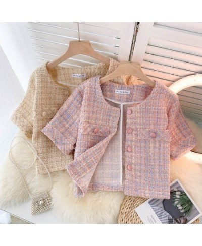 Chaqueta Mujer Temperament O Pink Tweed Jacket Summer Fashion Short Sleeve Plaid Cardigan Short Ropa Mujer Elegant Retro $49....