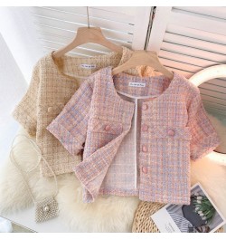 Chaqueta Mujer Temperament O Pink Tweed Jacket Summer Fashion Short Sleeve Plaid Cardigan Short Ropa Mujer Elegant Retro $49....