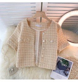 Chaqueta Mujer Temperament O Pink Tweed Jacket Summer Fashion Short Sleeve Plaid Cardigan Short Ropa Mujer Elegant Retro $49....