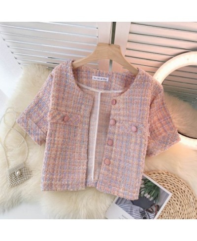 Chaqueta Mujer Temperament O Pink Tweed Jacket Summer Fashion Short Sleeve Plaid Cardigan Short Ropa Mujer Elegant Retro $49....