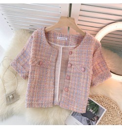 Chaqueta Mujer Temperament O Pink Tweed Jacket Summer Fashion Short Sleeve Plaid Cardigan Short Ropa Mujer Elegant Retro $49....