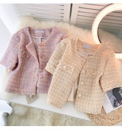 Chaqueta Mujer Temperament O Pink Tweed Jacket Summer Fashion Short Sleeve Plaid Cardigan Short Ropa Mujer Elegant Retro $49....