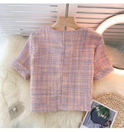 Chaqueta Mujer Temperament O Pink Tweed Jacket Summer Fashion Short Sleeve Plaid Cardigan Short Ropa Mujer Elegant Retro $49....