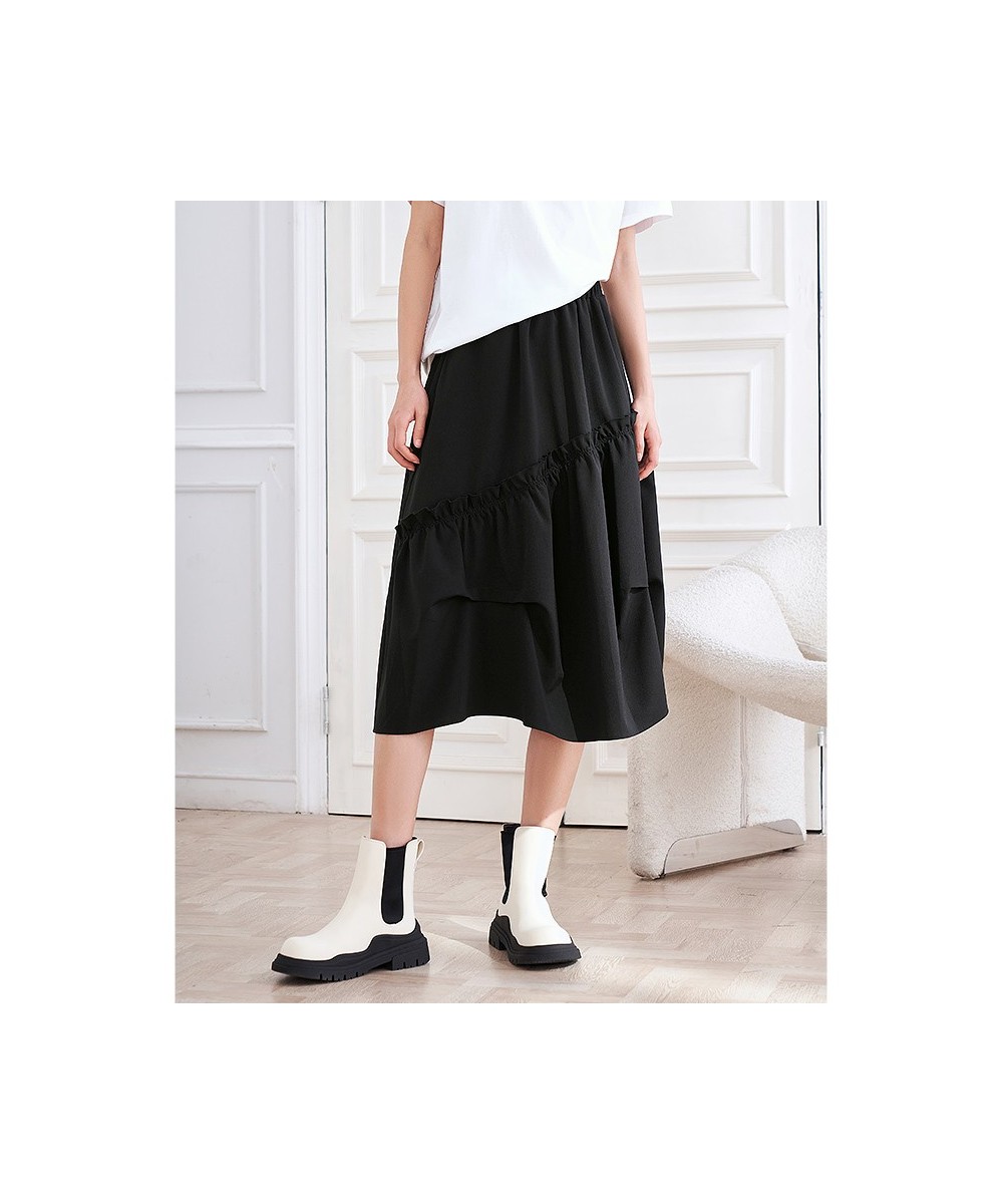 Women Skirt 2023 Summer A Line Elastic Waist Loose Irregular Ruffle White Black Chic Streetwear Mid-length Skirt $53.88 - Skirts
