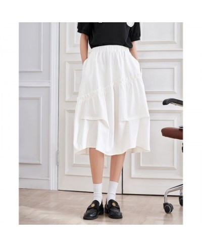 Women Skirt 2023 Summer A Line Elastic Waist Loose Irregular Ruffle White Black Chic Streetwear Mid-length Skirt $53.88 - Skirts