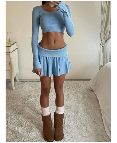 New Womens 2 Piece Spring Autumn Outfit Sets Long Sleeve U Neck Knit Crop Tops + Blue Pleated Skirt Skin Friendly $51.02 - Sk...