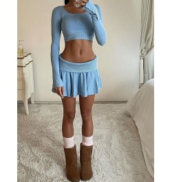 New Womens 2 Piece Spring Autumn Outfit Sets Long Sleeve U Neck Knit Crop Tops + Blue Pleated Skirt Skin Friendly $51.02 - Sk...