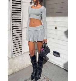 New Womens 2 Piece Spring Autumn Outfit Sets Long Sleeve U Neck Knit Crop Tops + Blue Pleated Skirt Skin Friendly $51.02 - Sk...